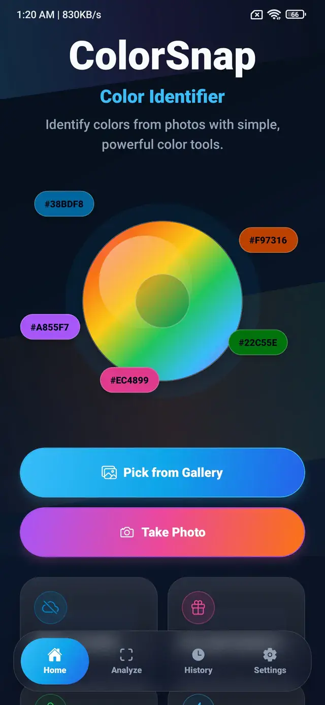 ColorSnap home screen with Pick from Gallery and Take Photo actions