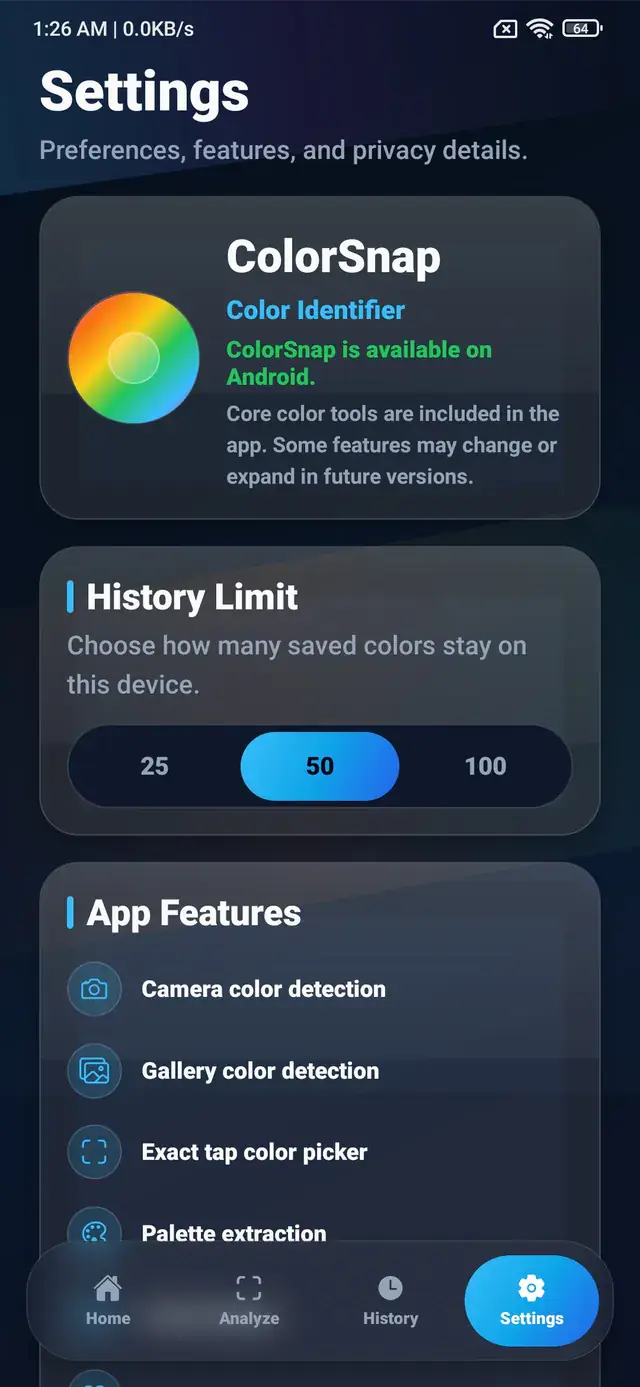 ColorSnap settings screen with history limit and app features