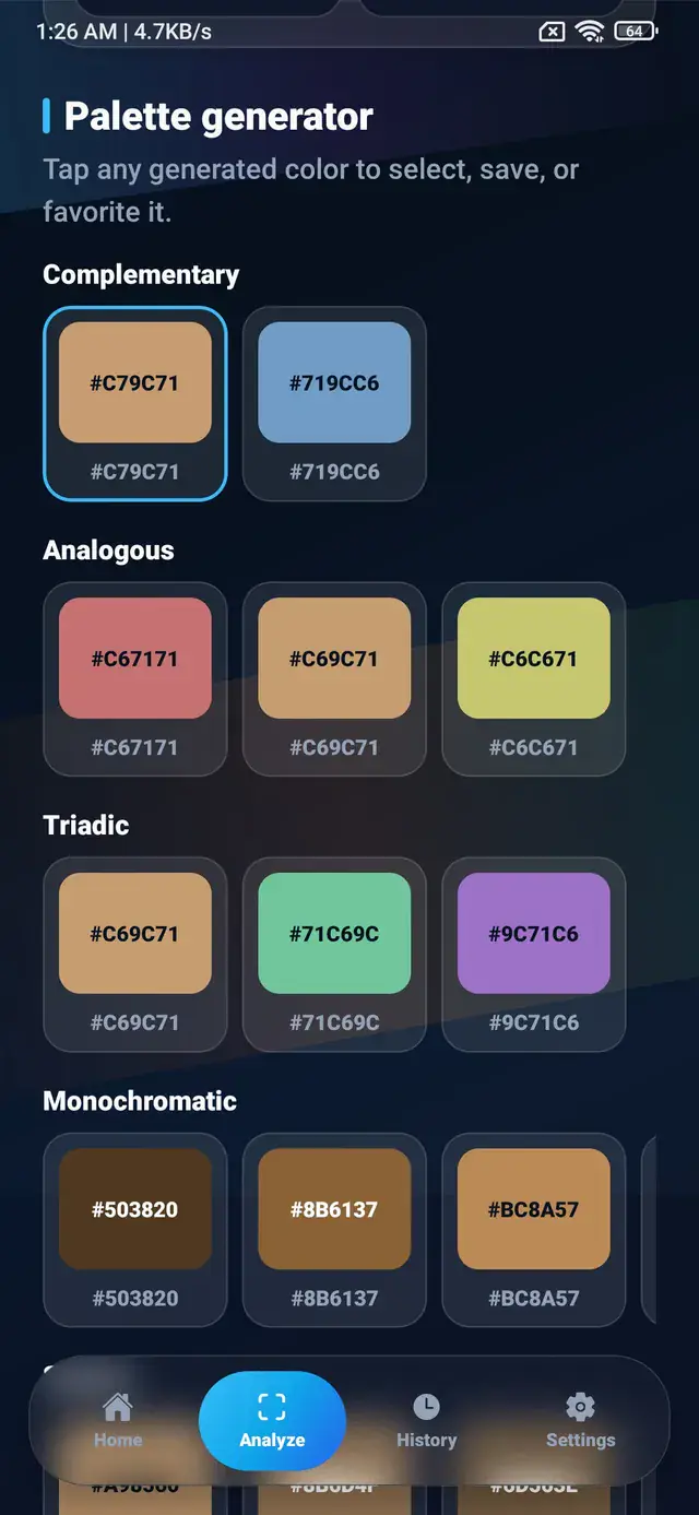 ColorSnap palette generator showing complementary and analogous color harmonies