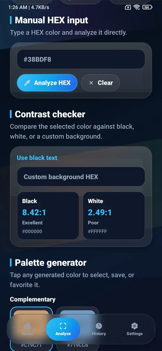 ColorSnap manual HEX input and contrast checker screen