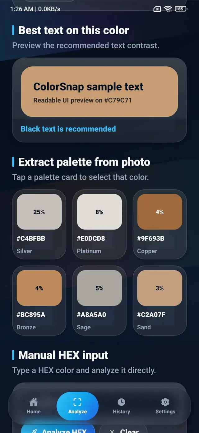 ColorSnap photo palette extraction screen with six named color swatches