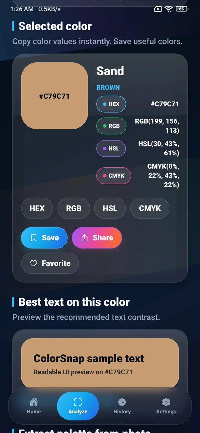 ColorSnap selected color screen showing Sand with HEX RGB HSL and CMYK values