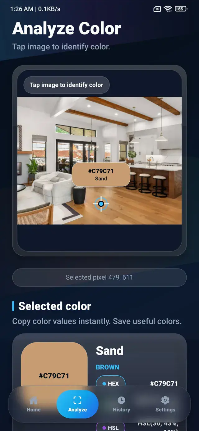 ColorSnap Android app identifying a sand color from an interior photo