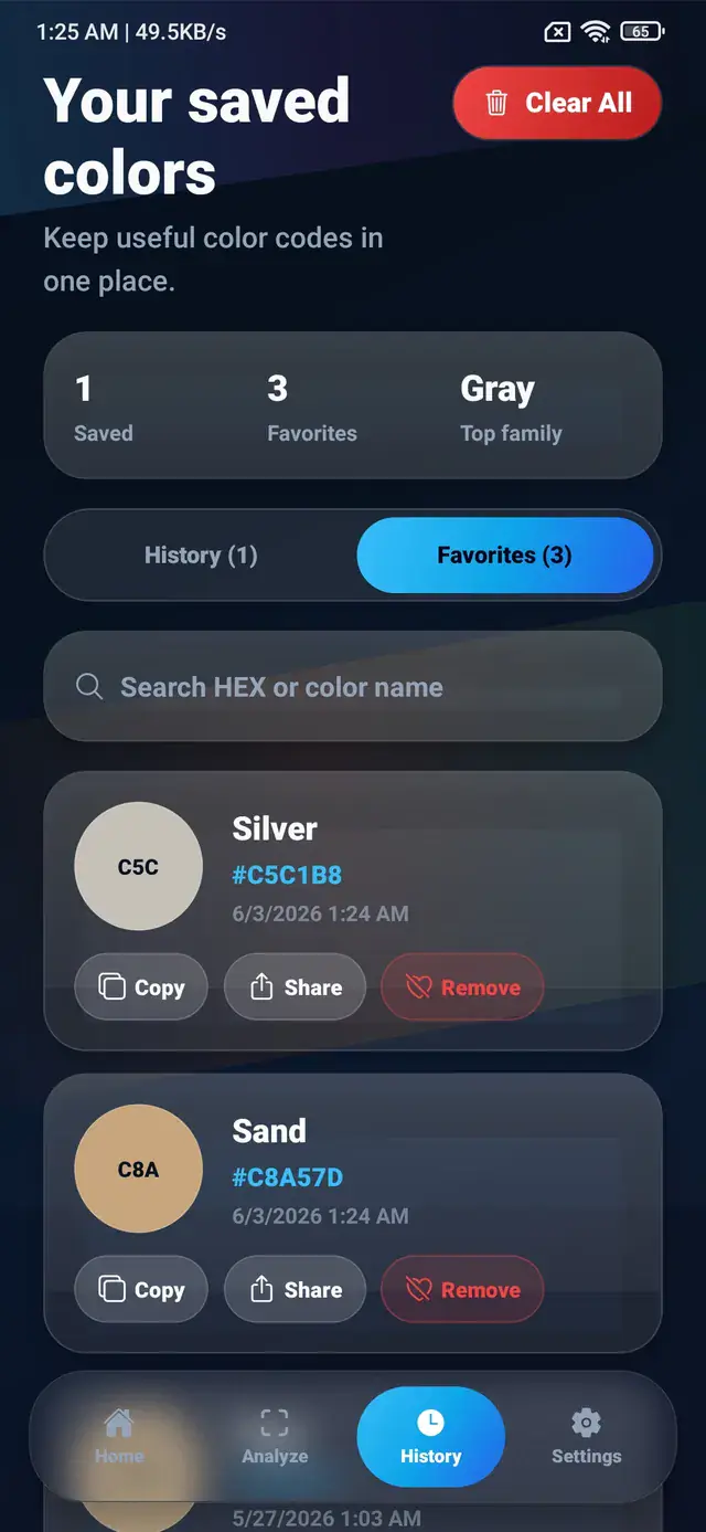 ColorSnap saved colors screen with history favorites and color search