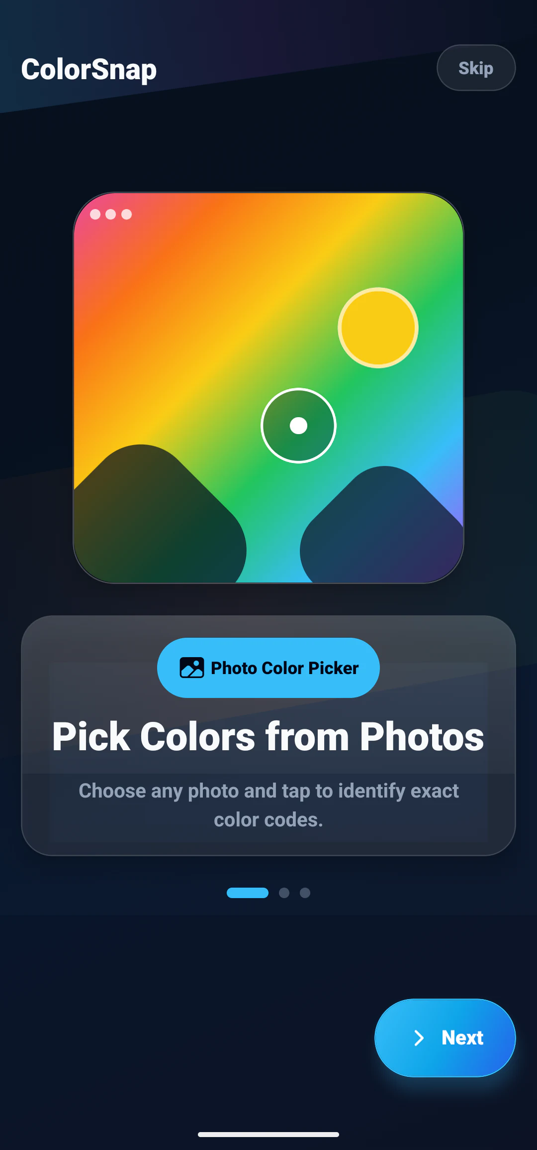 ColorSnap onboarding screen explaining how to pick colors from photos