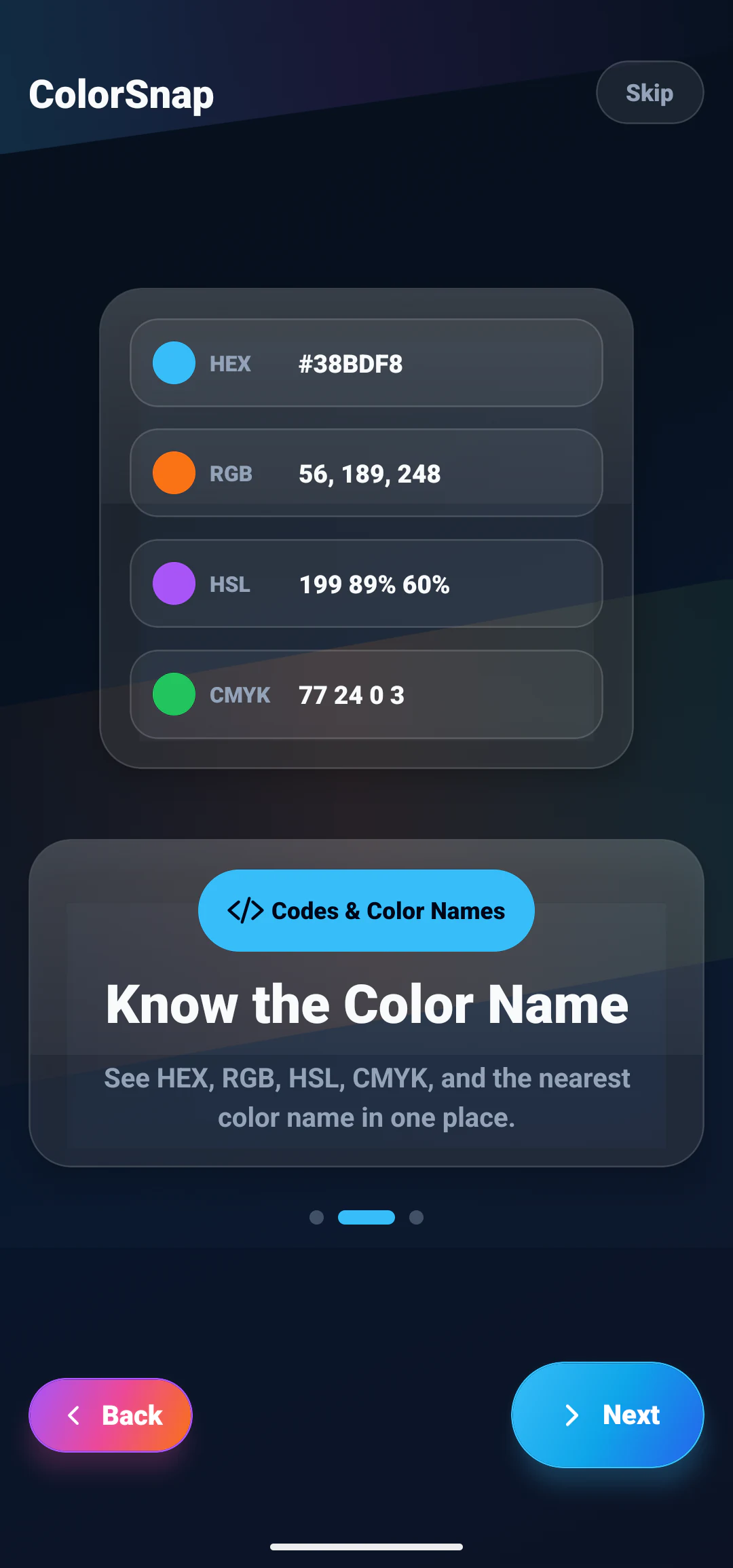 ColorSnap onboarding screen showing HEX, RGB, HSL, CMYK, and color name support