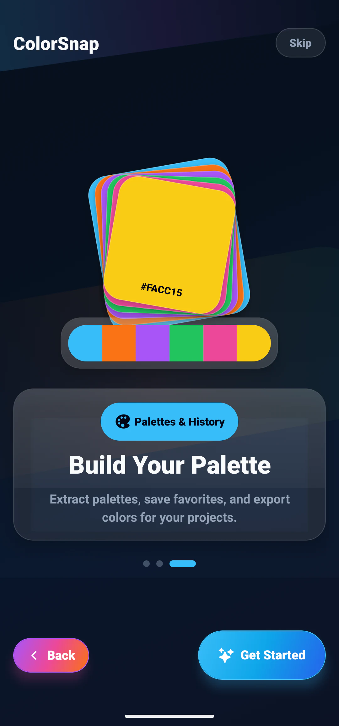 ColorSnap onboarding screen showing palette extraction, saved colors, and project export
