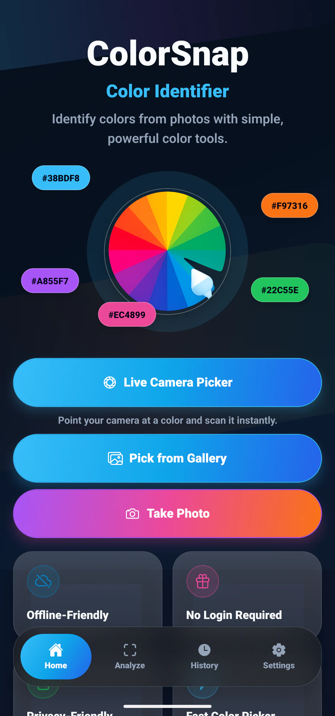 ColorSnap home screen with Live Camera Picker, Pick from Gallery, and Take Photo actions