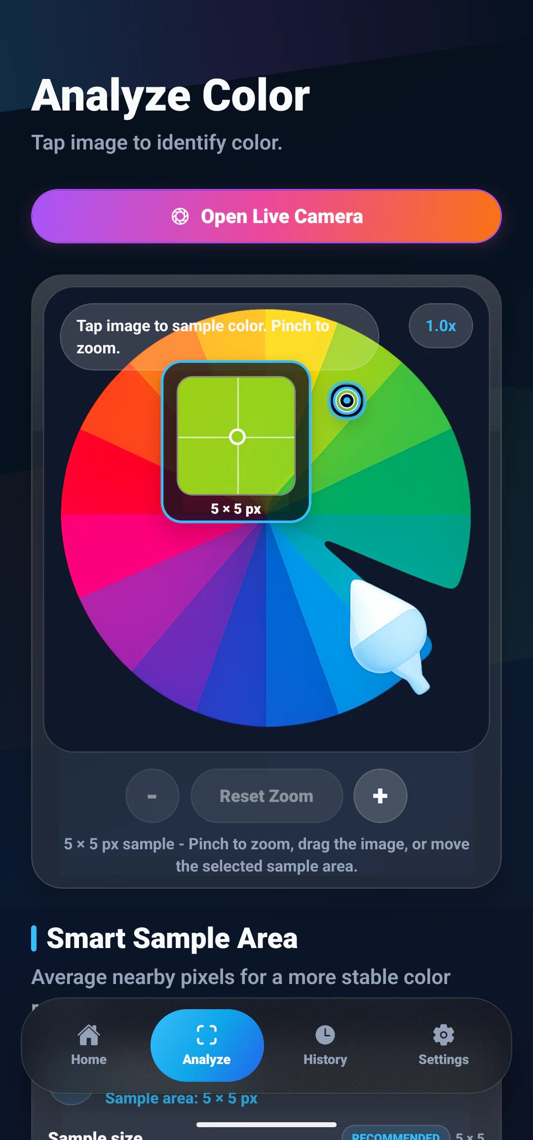 ColorSnap Analyze Color screen with a movable Smart Sample Area over an image