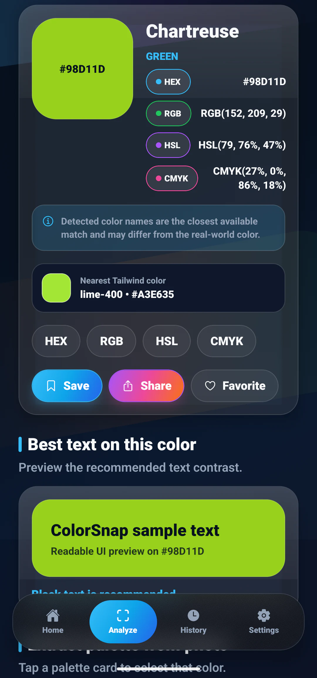 ColorSnap color result showing the color name, HEX, RGB, HSL, CMYK, and text contrast preview