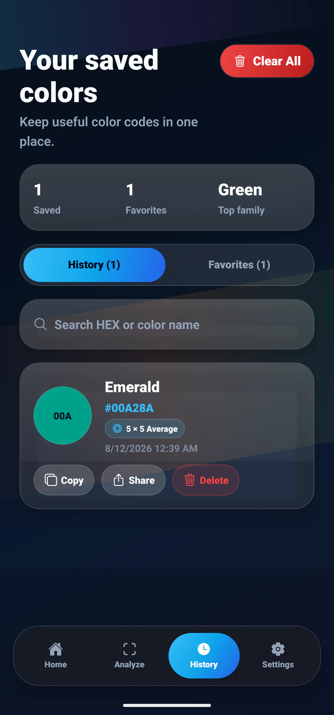 ColorSnap saved color history with search, color details, copy, share, and delete actions