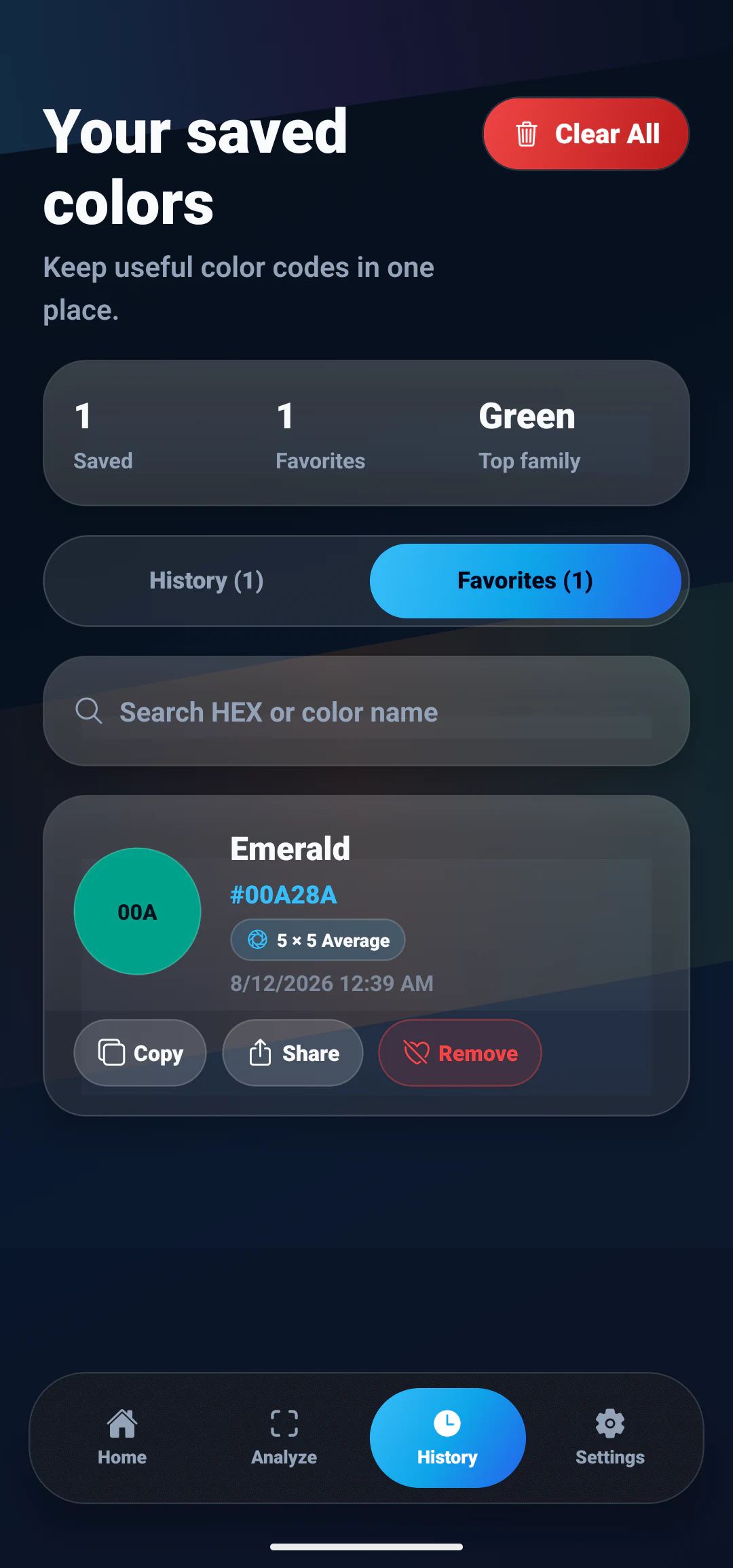 ColorSnap favorites list showing a saved color named Emerald with the value #00A28A, a search field for HEX or color name, and Copy, Share and Remove buttons