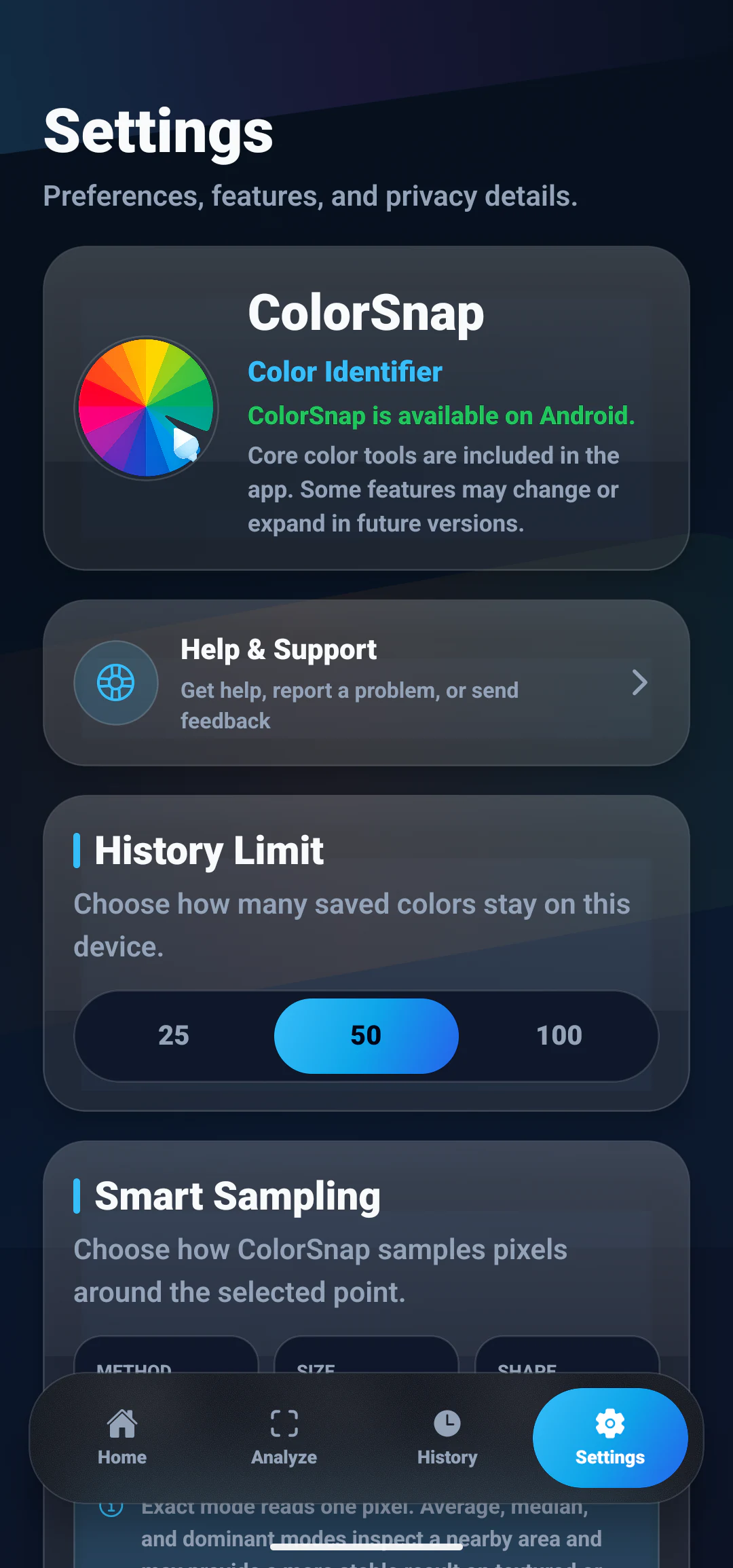 ColorSnap settings screen with history limit, Smart Sampling, and Help and Support