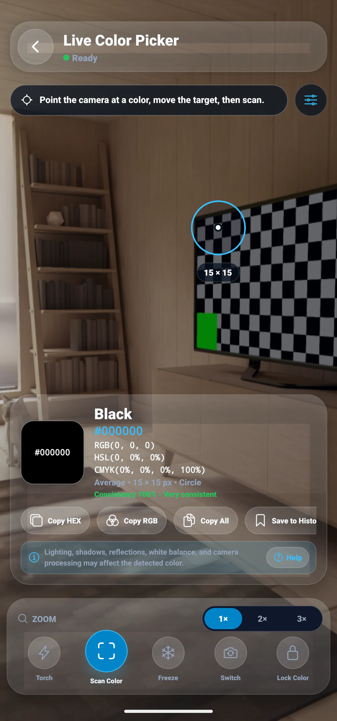 ColorSnap Live Camera Color Picker with a movable sampling target and camera controls.